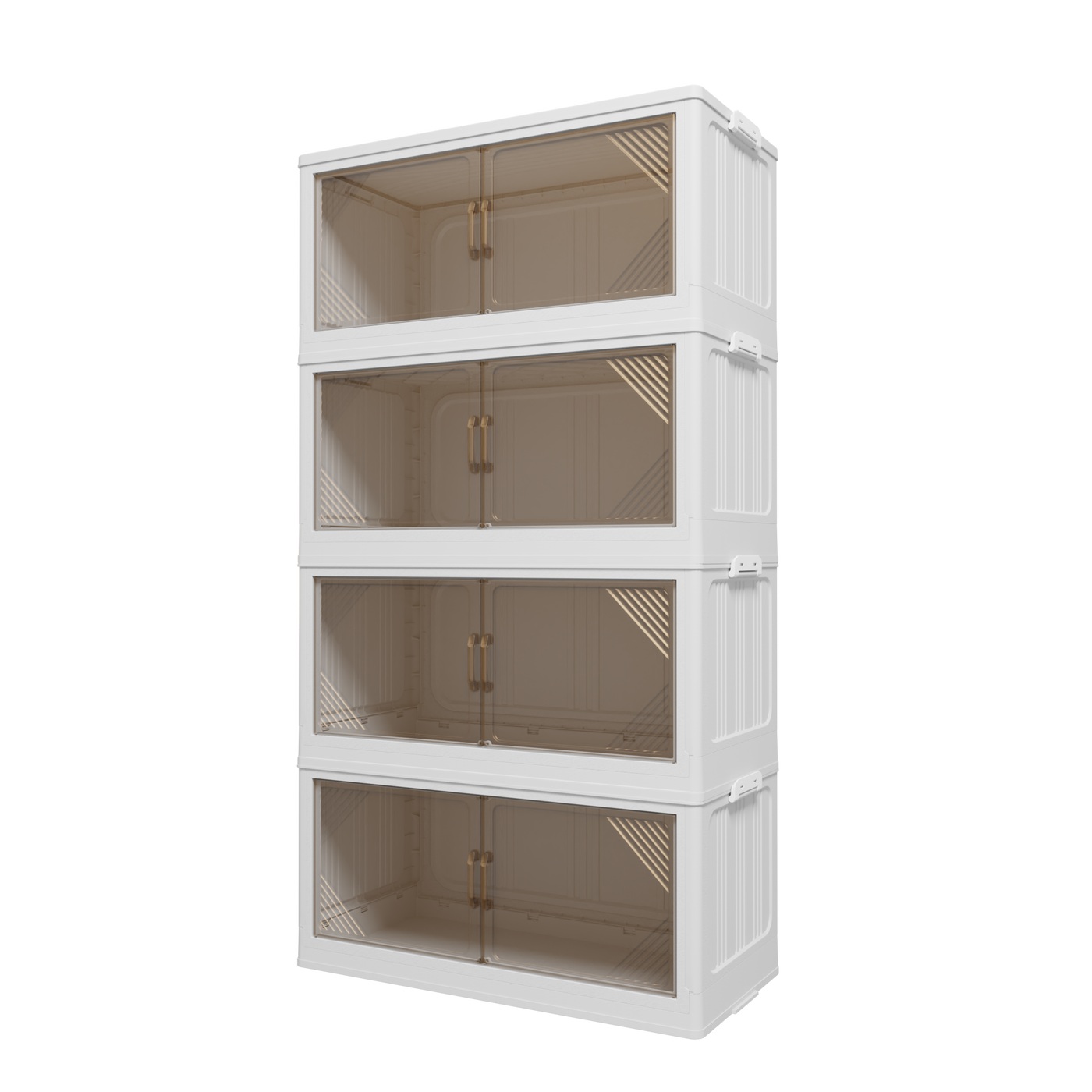 Stackable transparent storage bins assembled side view