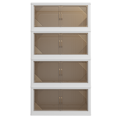 Foldable build detail on transparent storage cabinet bin