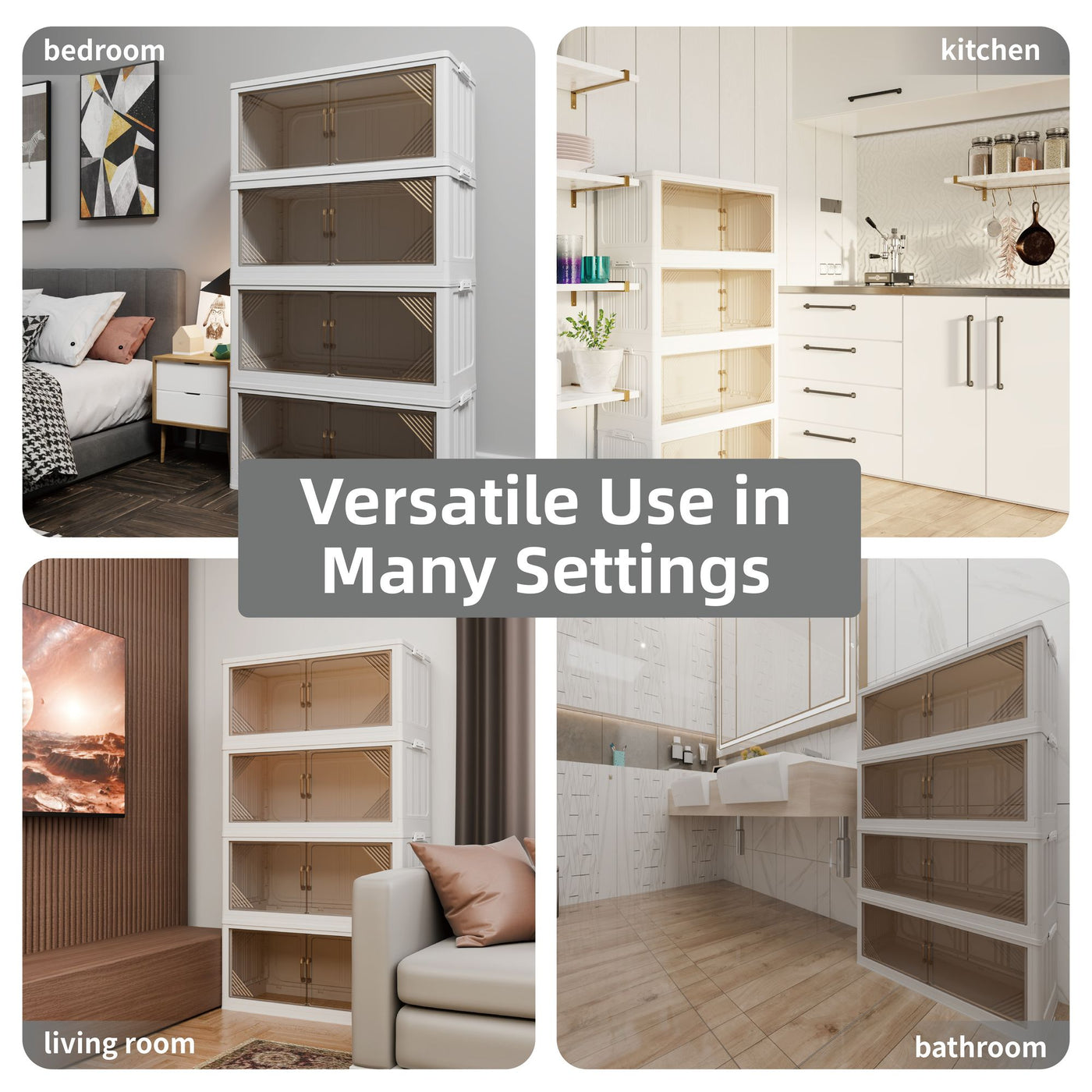 Stackable transparent storage cabinet bins in beige polypropylene