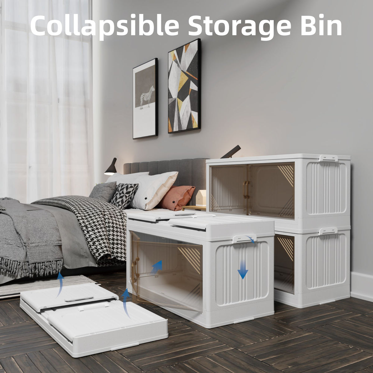 Capacity reference shot of 47.2 quart transparent storage bin