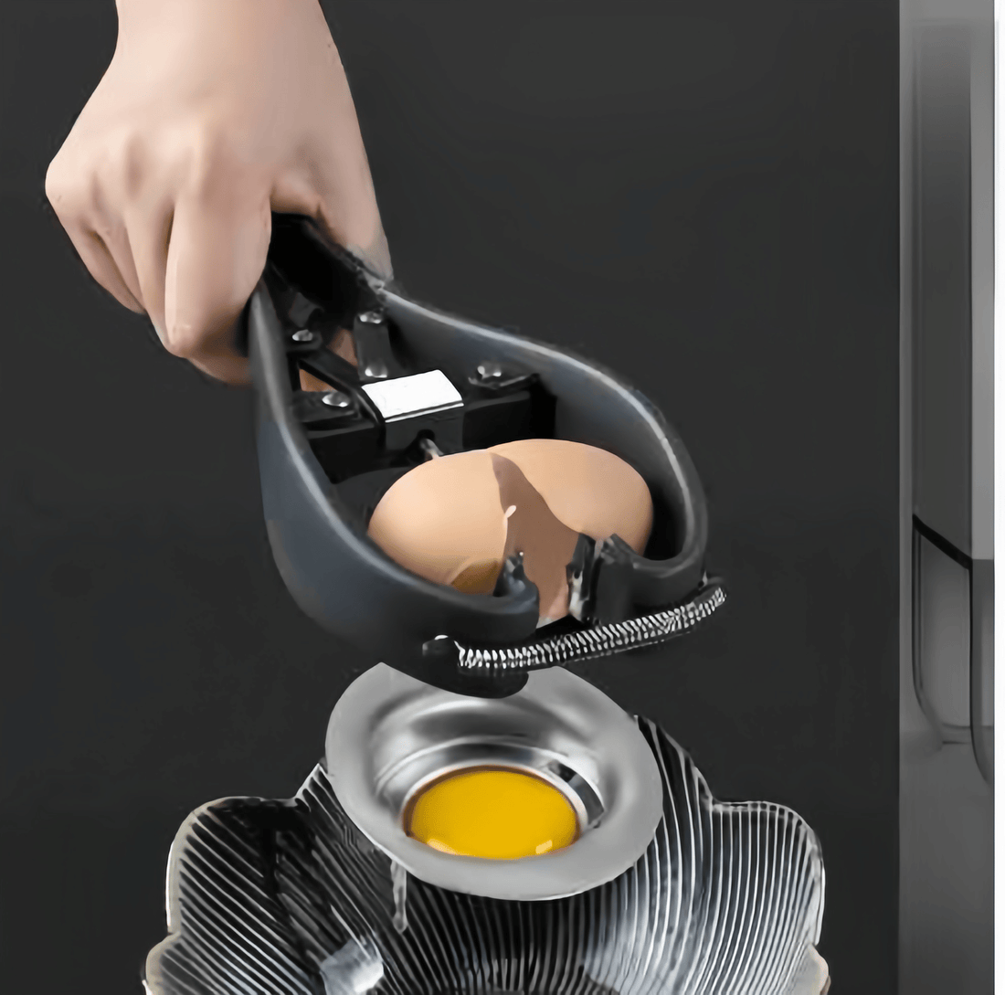 Stainless steel chicken egg separator tool positioned over a bowl with yolk and white shown mid-separation
