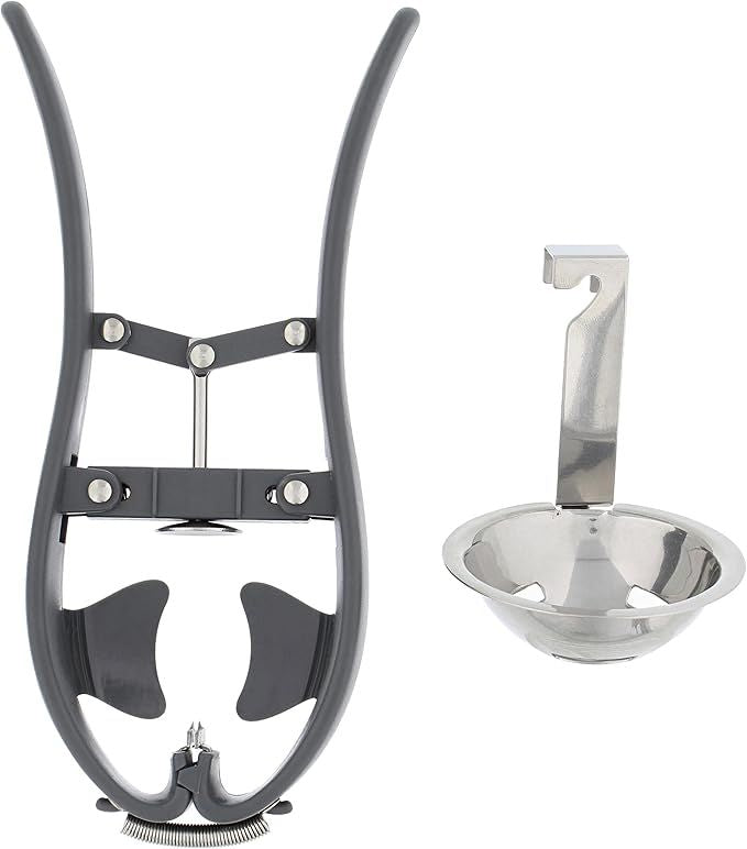 Stainless steel egg separator resting flat for storage in a kitchen drawer