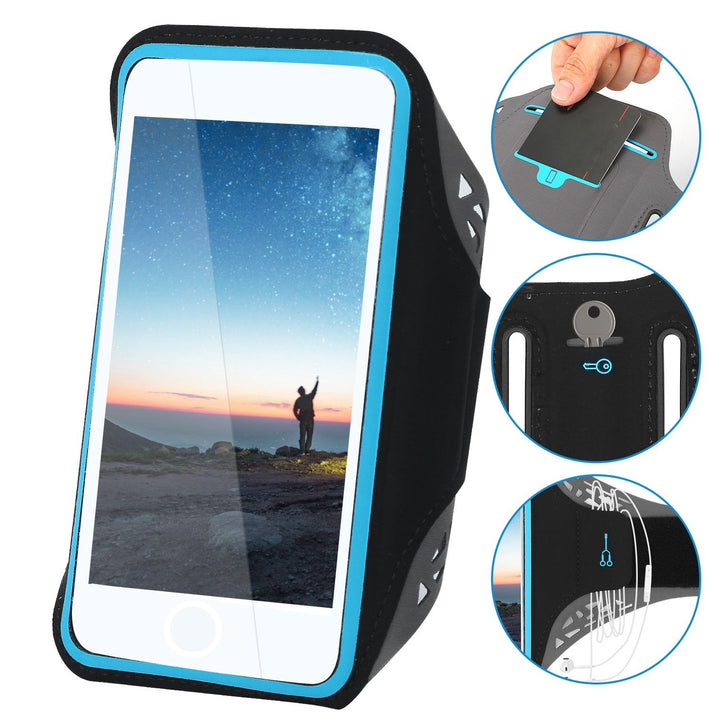 Running phone armband fitted on a person's upper arm