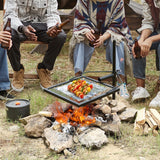 Swivel campfire grill with adjustable steel grate over a fire pit