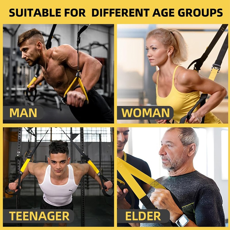 Suspension trainer anchored to door for full body workout