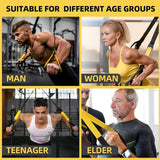 Suspension trainer anchored to door for full body workout