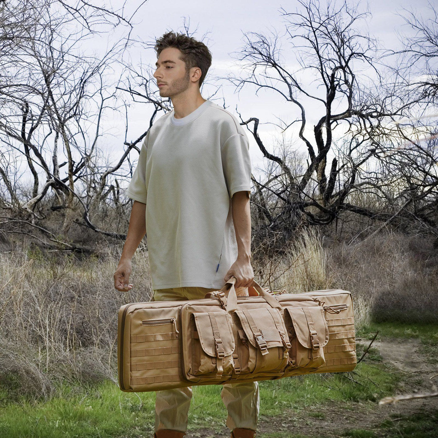 Brown tactical range bag double firearm case with shoulder strap