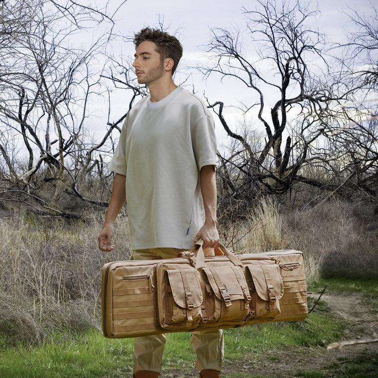 Brown tactical range bag double firearm case with shoulder strap