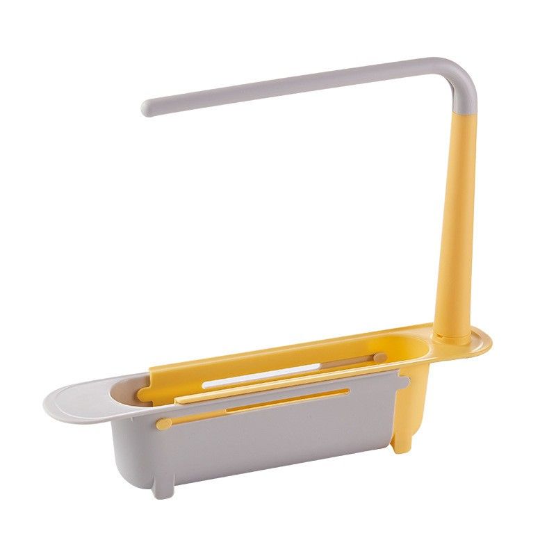 Telescopic sponge rack mounted over double basin sink