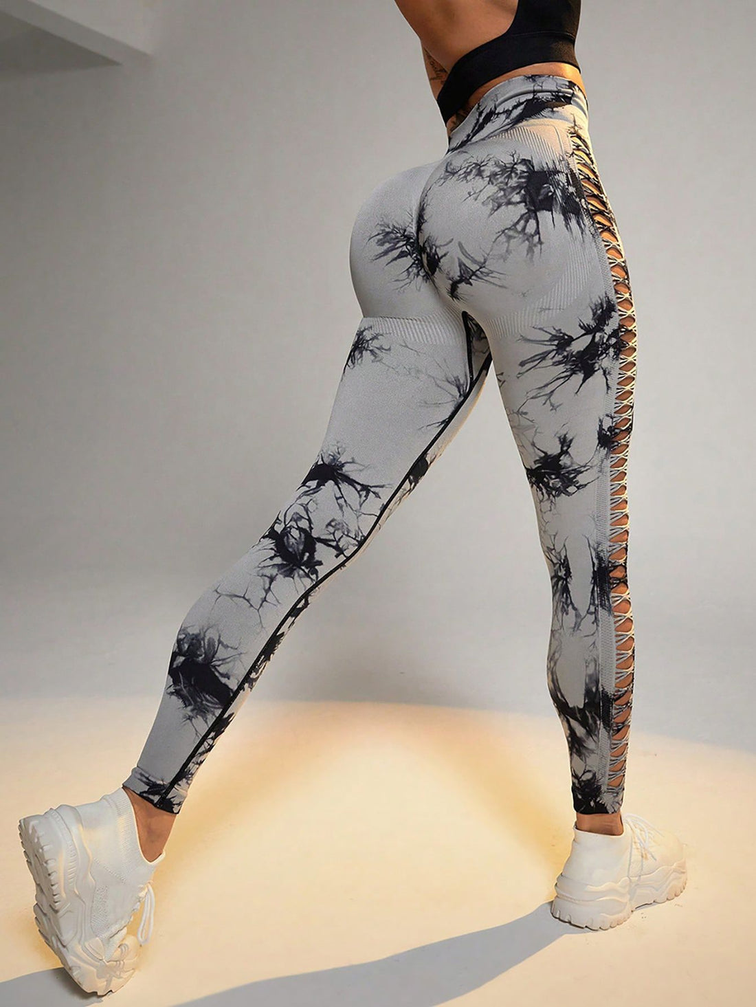 Tie-dye high waist yoga leggings front view in grey