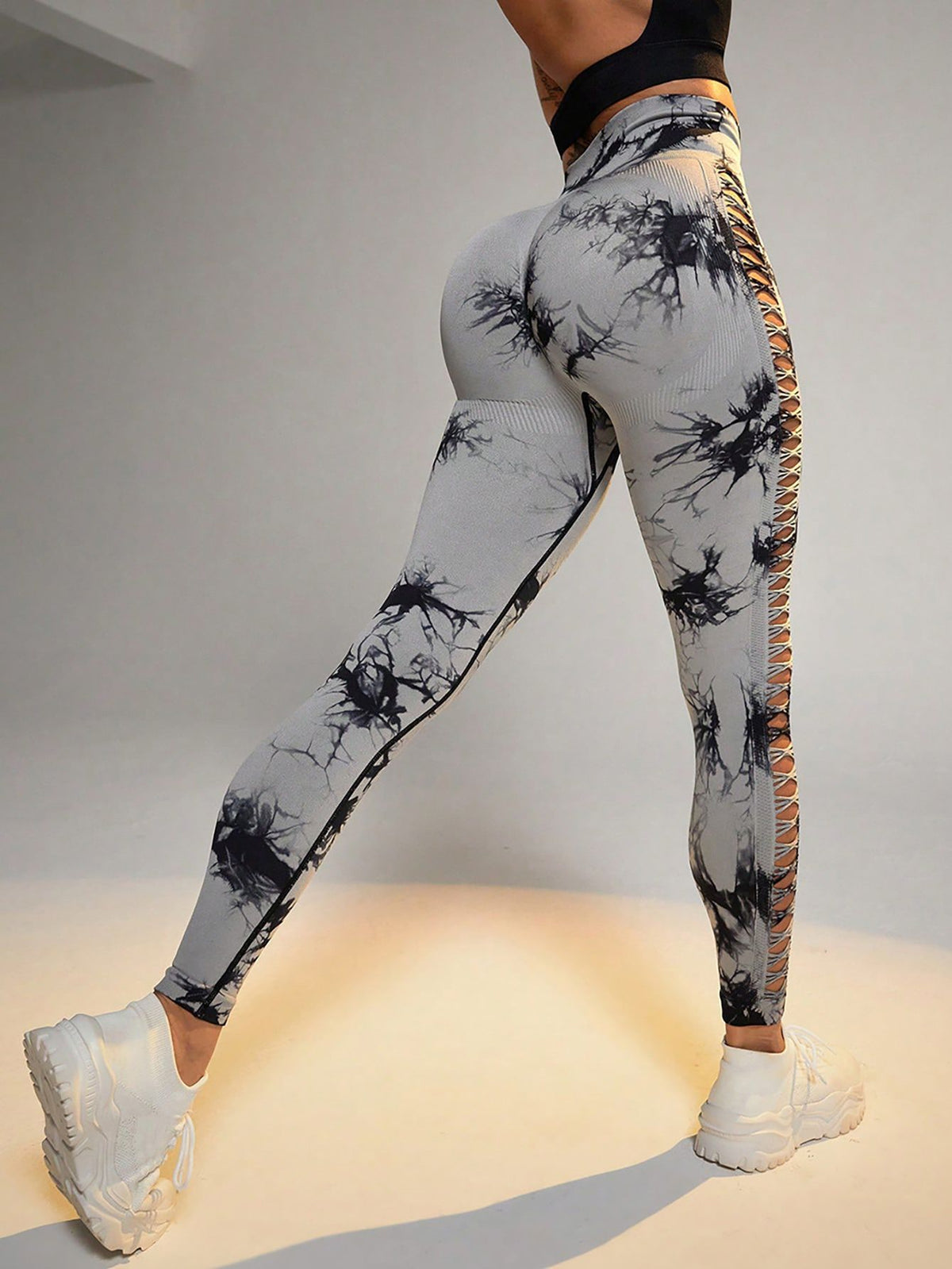 Tie-dye high waist yoga leggings front view in grey