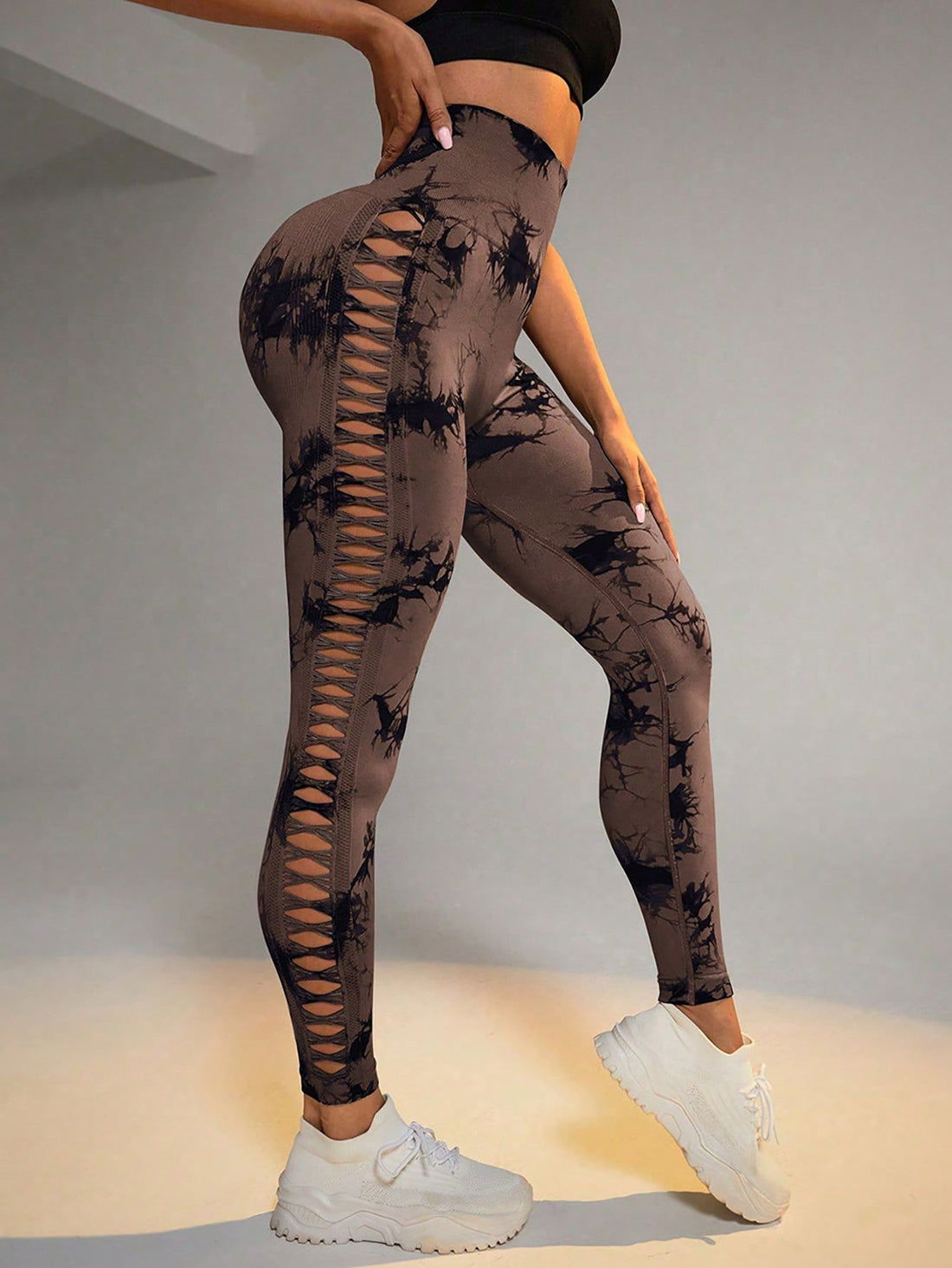 High waist yoga pants worn with crop top