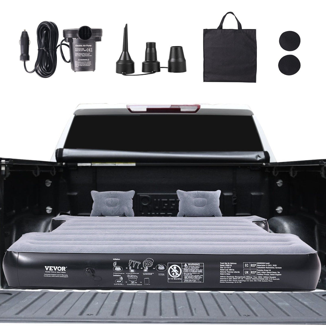 Truck bed air mattress inflated inside a pickup truck bed