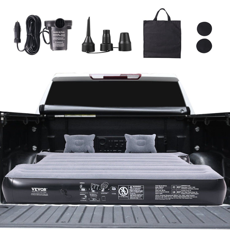 Truck bed air mattress inflated inside a pickup truck bed