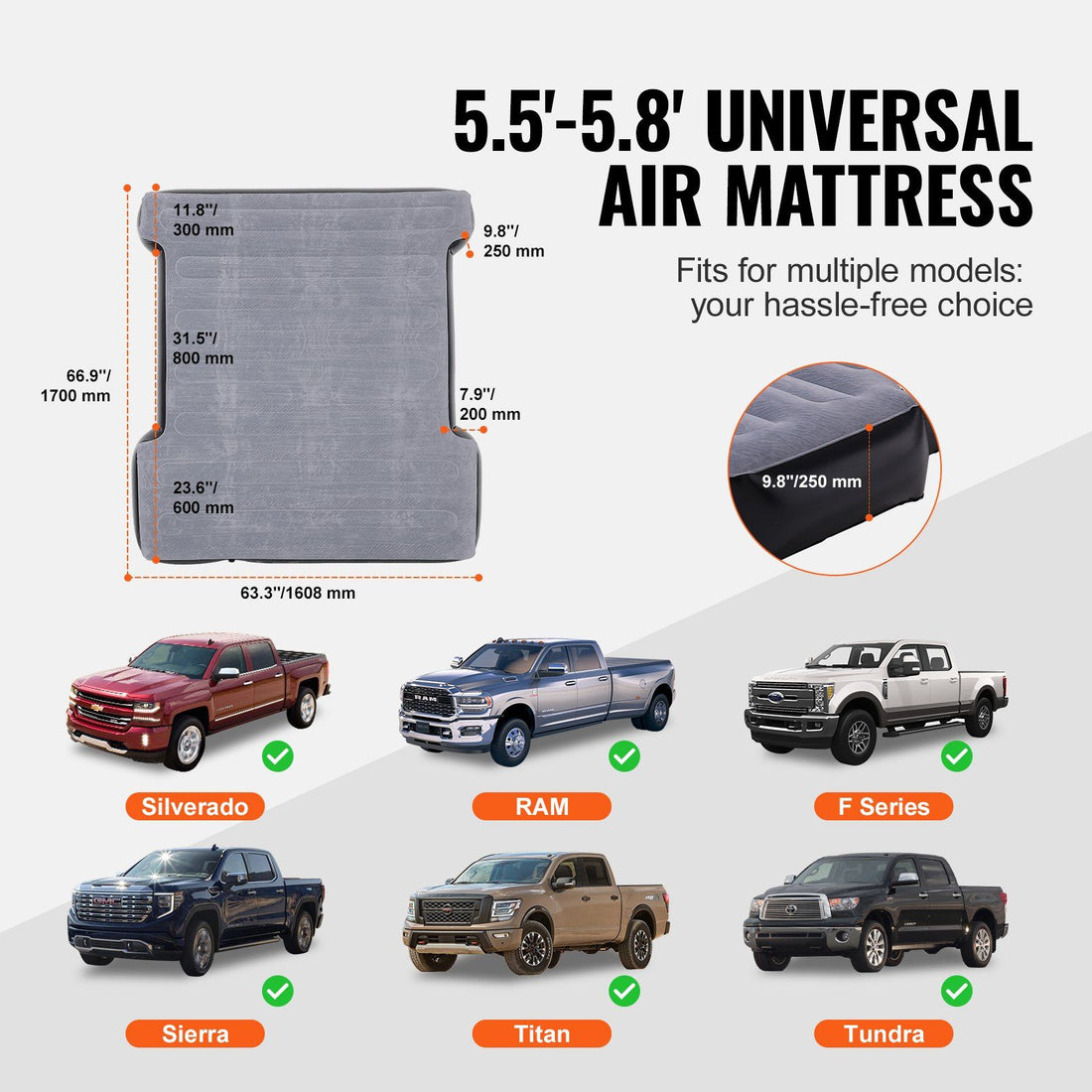 Truck bed air mattress contoured fit around wheel wells