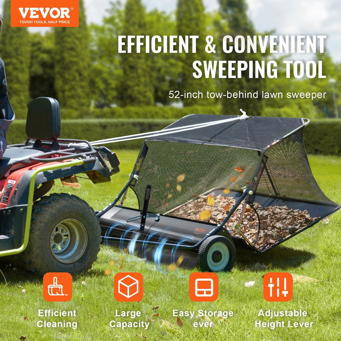 Tow-behind lawn sweeper hitched to a riding mower
