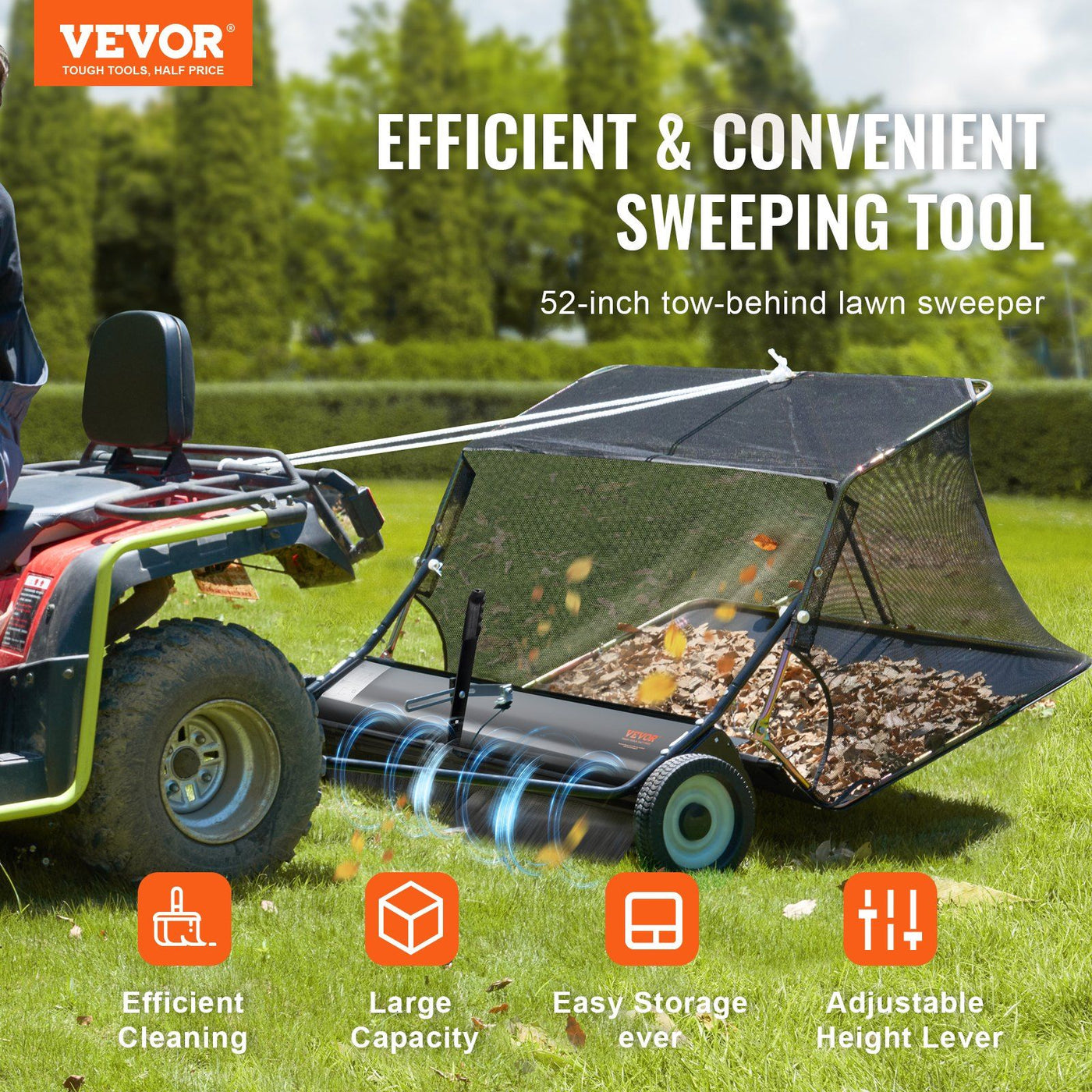 Tow-behind lawn sweeper hitched to a riding mower