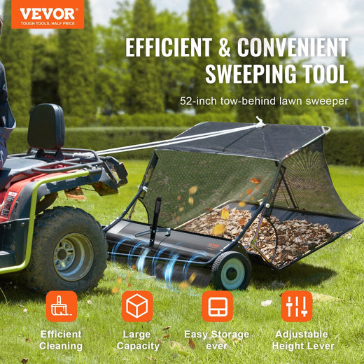 Tow-behind lawn sweeper hitched to a riding mower