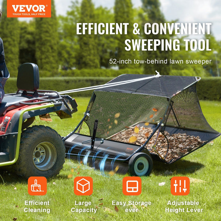 Tow-behind lawn sweeper hitched to a riding mower