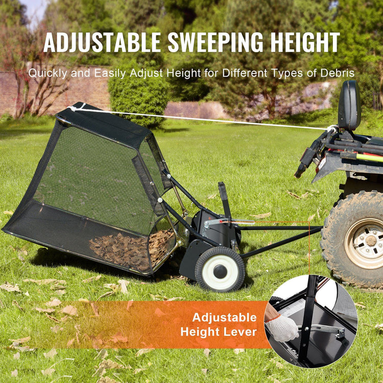 Lawn sweeper rear view showing dumping rope mechanism