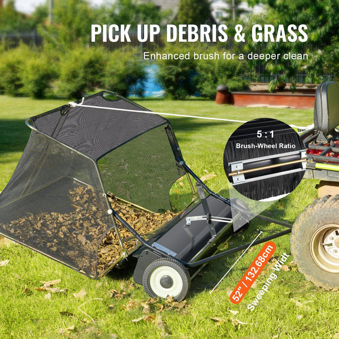 Tow-behind leaf collector hopper partially loaded with leaves