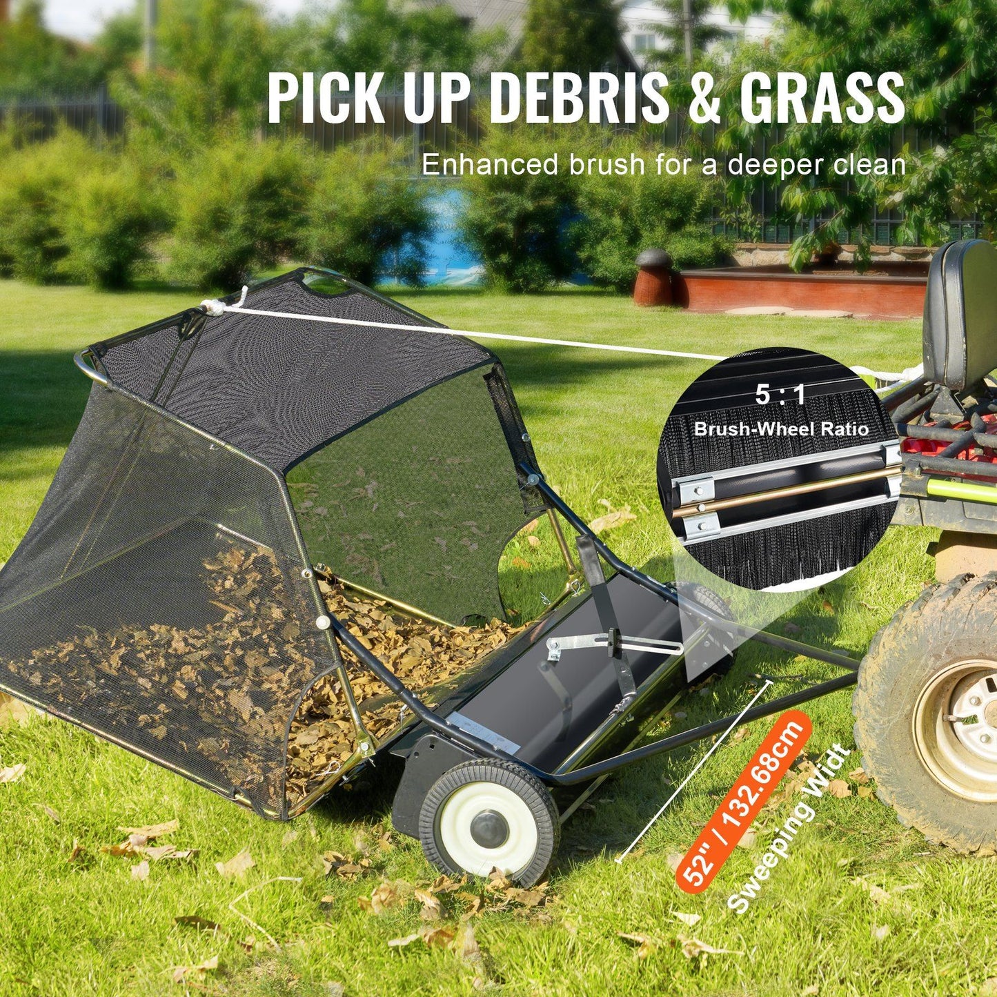 Tow-behind leaf collector hopper partially loaded with leaves
