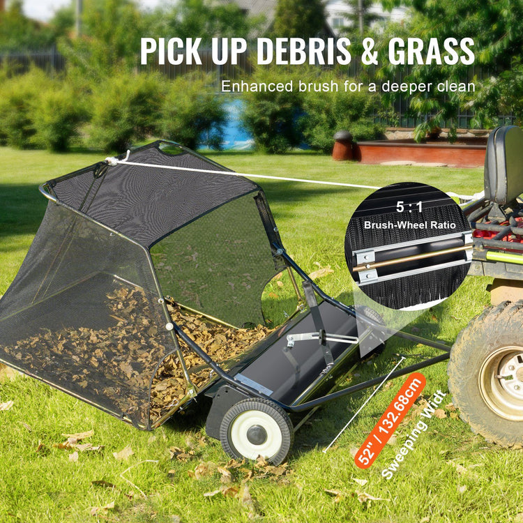 Tow-behind leaf collector hopper partially loaded with leaves
