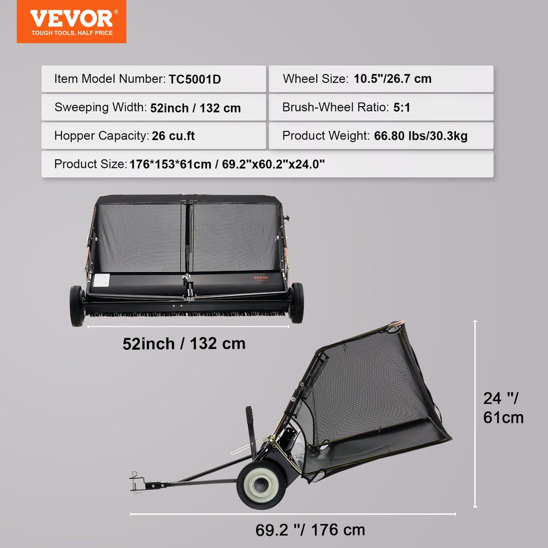 Tow-behind lawn sweeper folded for storage