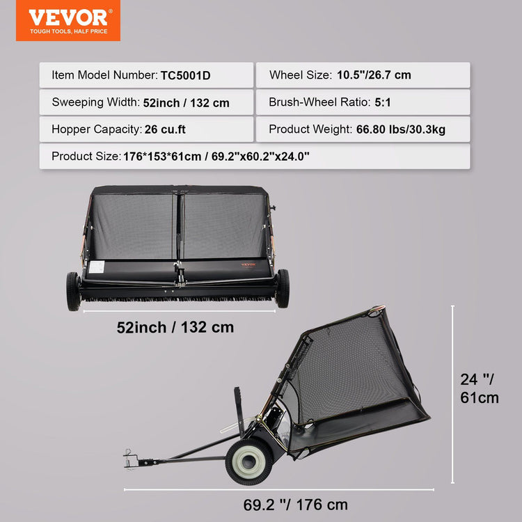 Tow-behind lawn sweeper folded for storage
