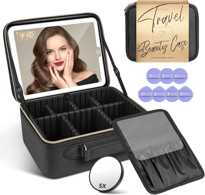 Travel Makeup Bag with LED Mirror open showing adjustable dividers