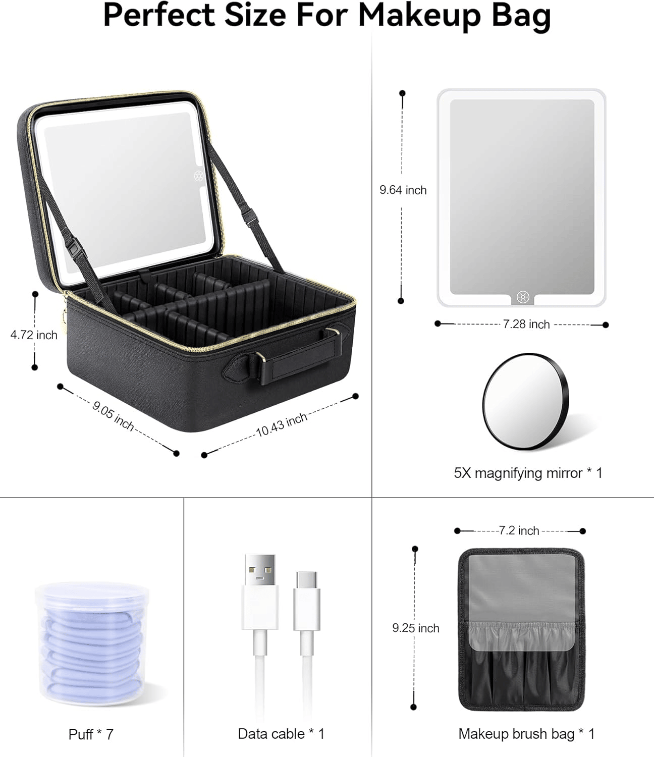 Travel Makeup Bag with LED Mirror side profile