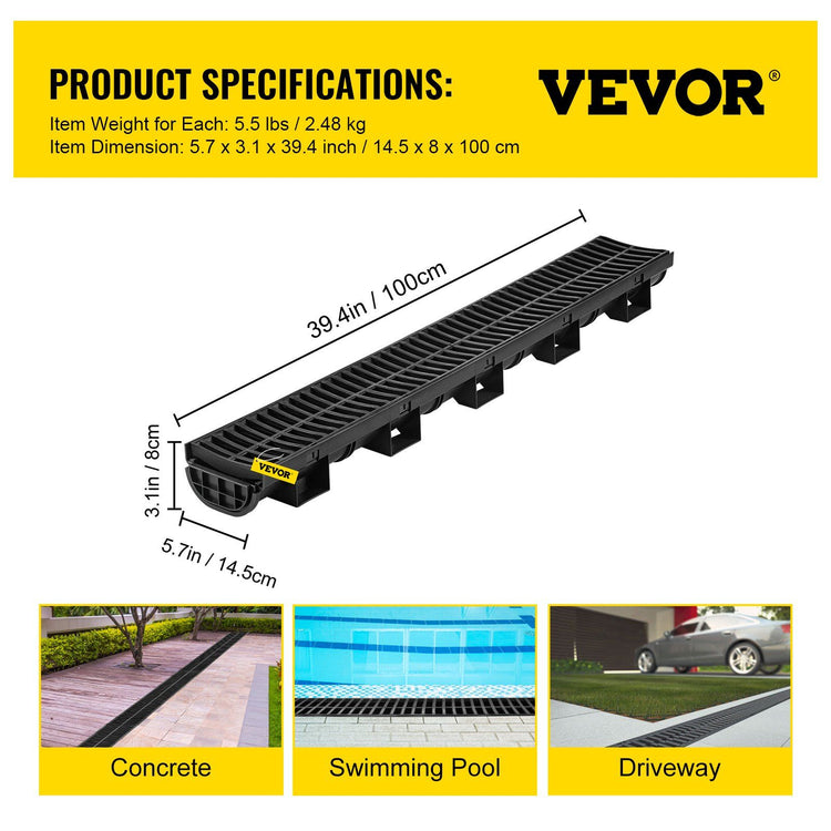 Trench Drain System with Grates scale and dimension reference