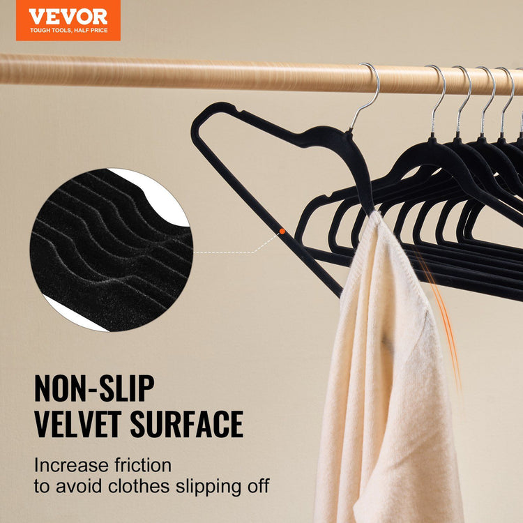 Slim velvet hangers lined up on a closet rod