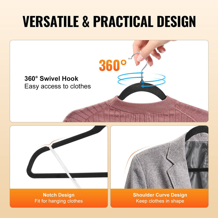 Black velvet hangers holding shirts and dresses