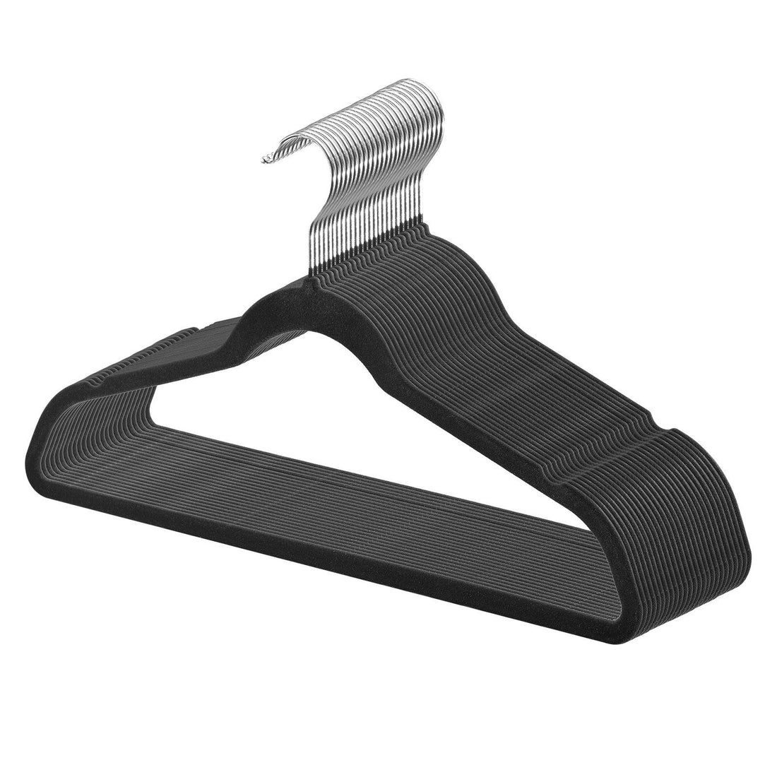 Slim velvet hangers compared to bulkier plastic hangers