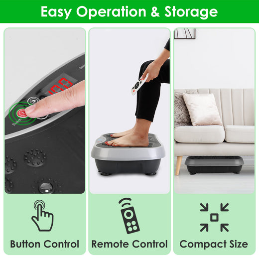 Vibration plate in use with resistance bands held overhead