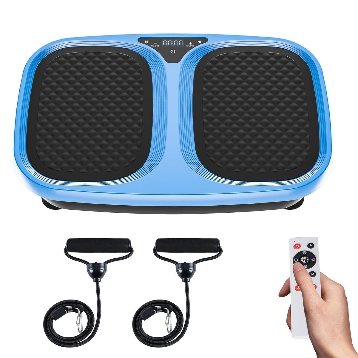 Blue oval vibration plate with textured foot pads, LED display, resistance band handles, and wireless remote