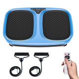 Blue oval vibration plate with textured foot pads, LED display, resistance band handles, and wireless remote