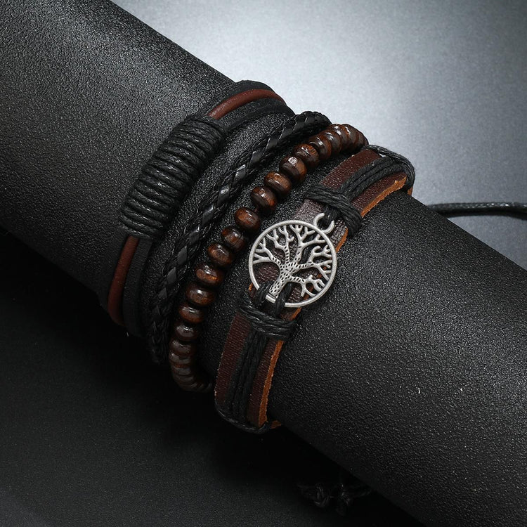 Vintage tree of life leather bracelet set on wrist, four-piece boho stack