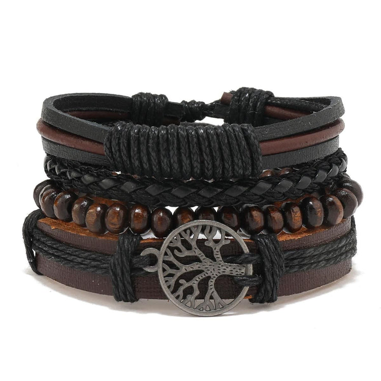 Peace tree charm detail on vintage leather bracelet stack