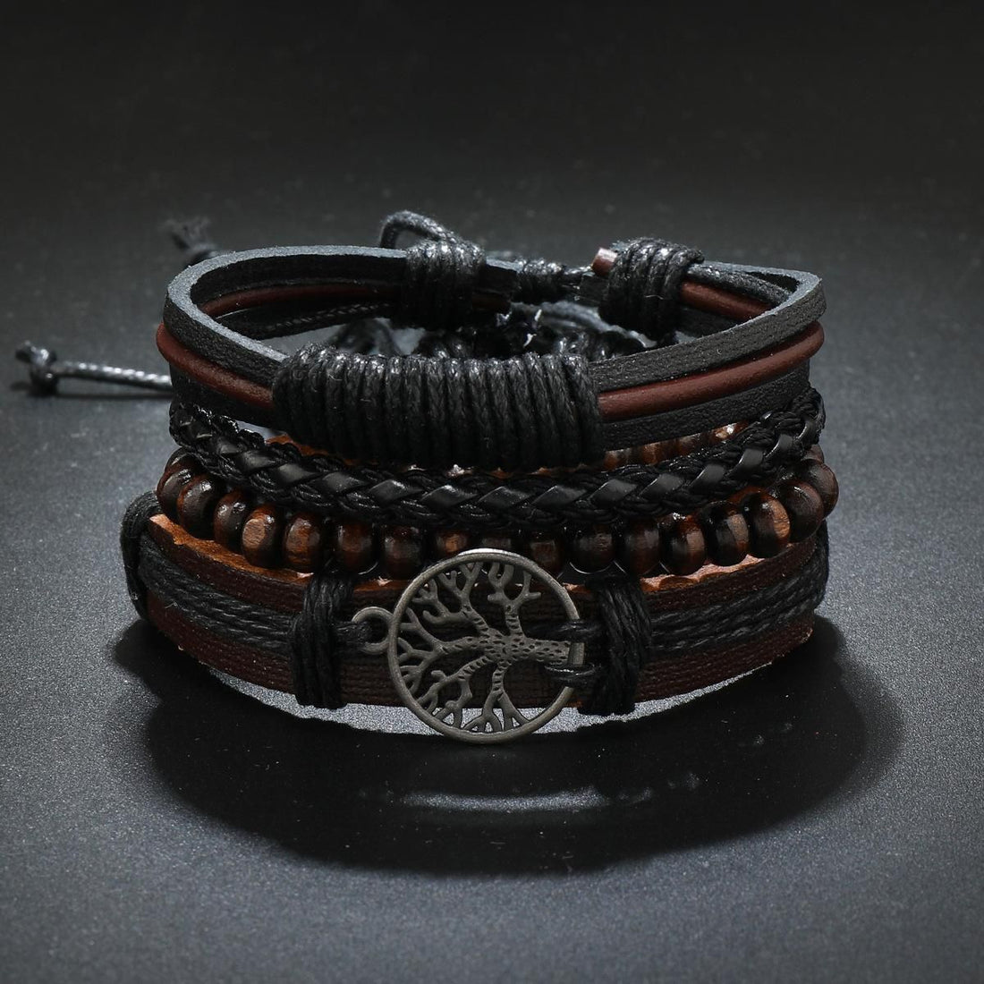 Layered leather bracelet set styled with casual outfit