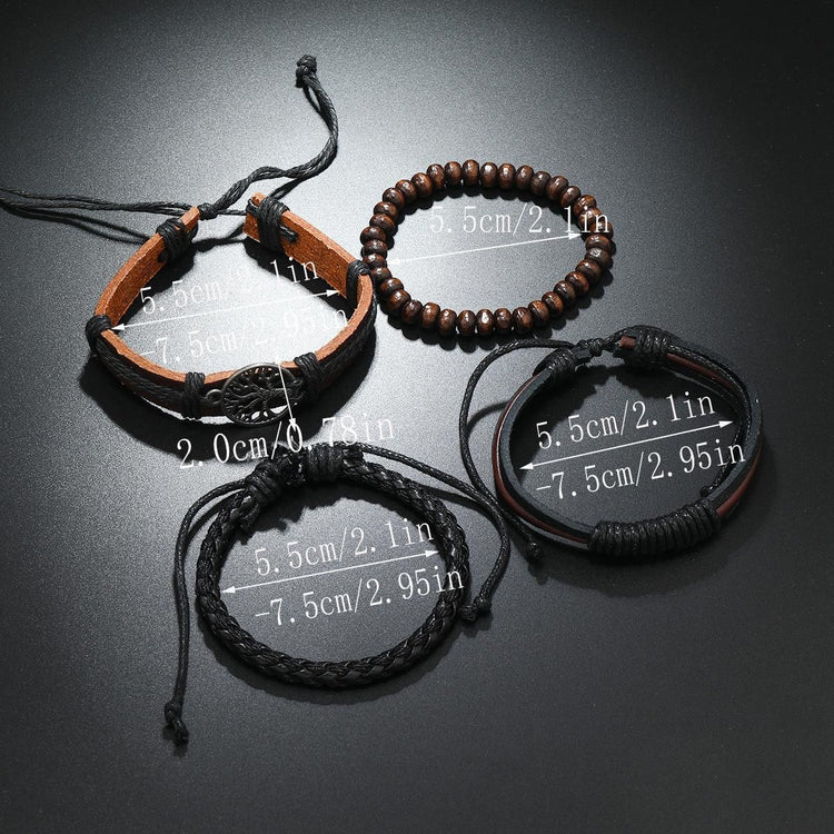Four-piece vintage tree leather bracelet set flat lay