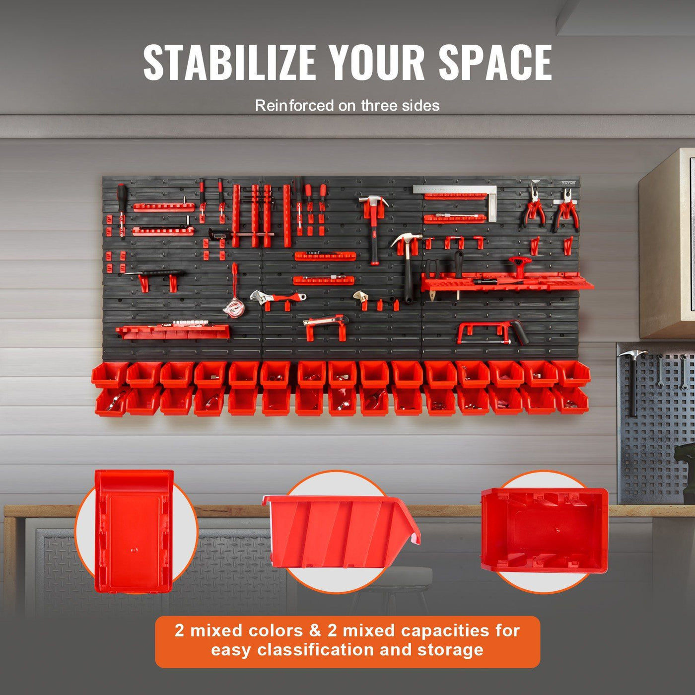 Wall-mounted tool organizer with screws and bolts sorted