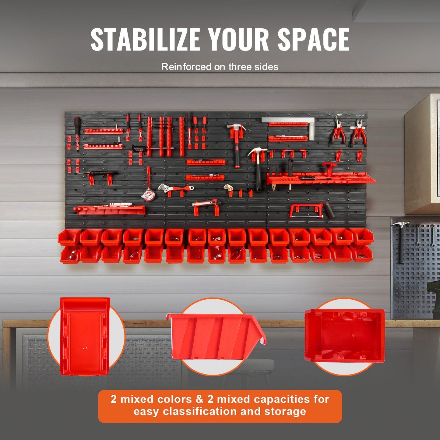 Wall-mounted tool organizer with screws and bolts sorted