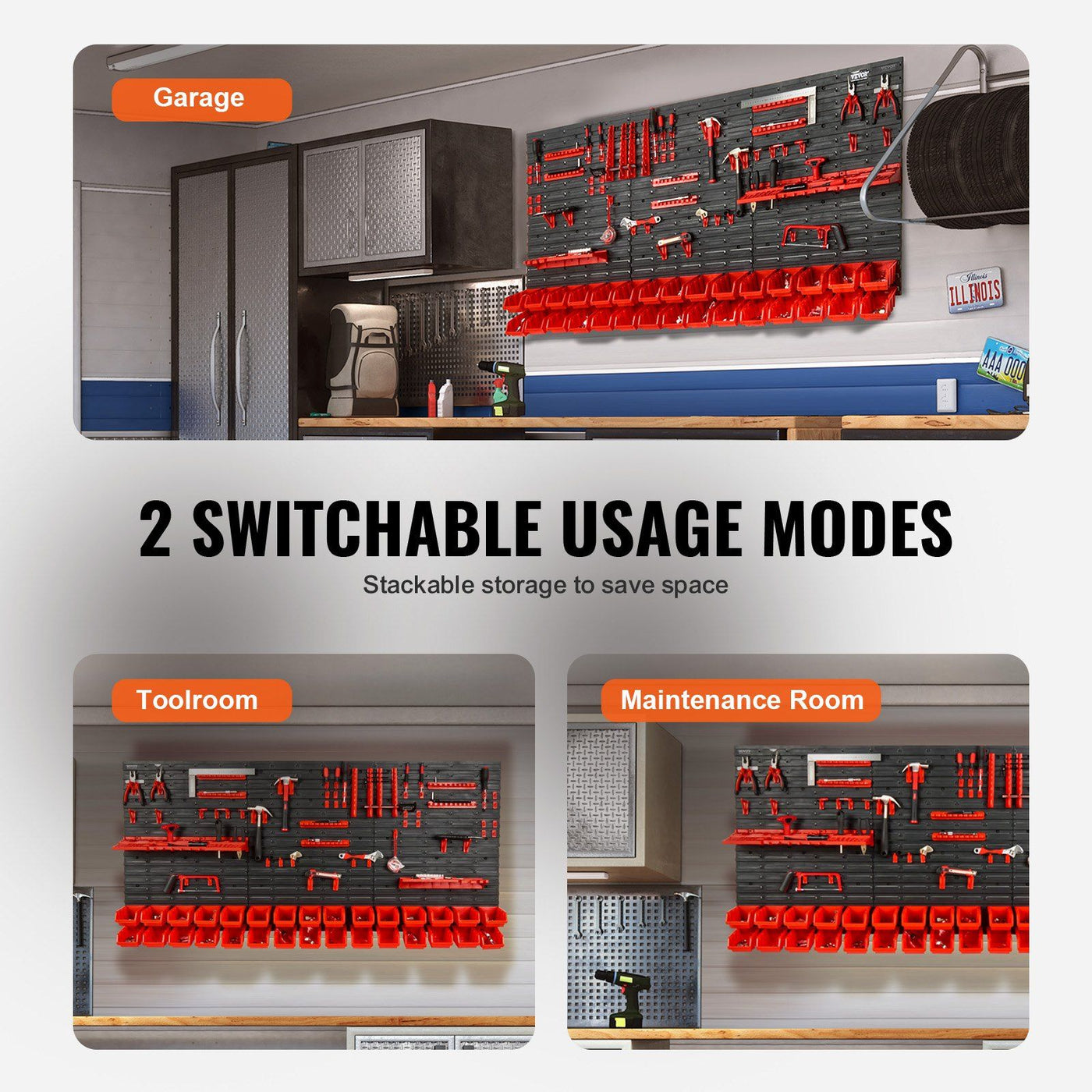 Wall-mounted storage bins above a workbench