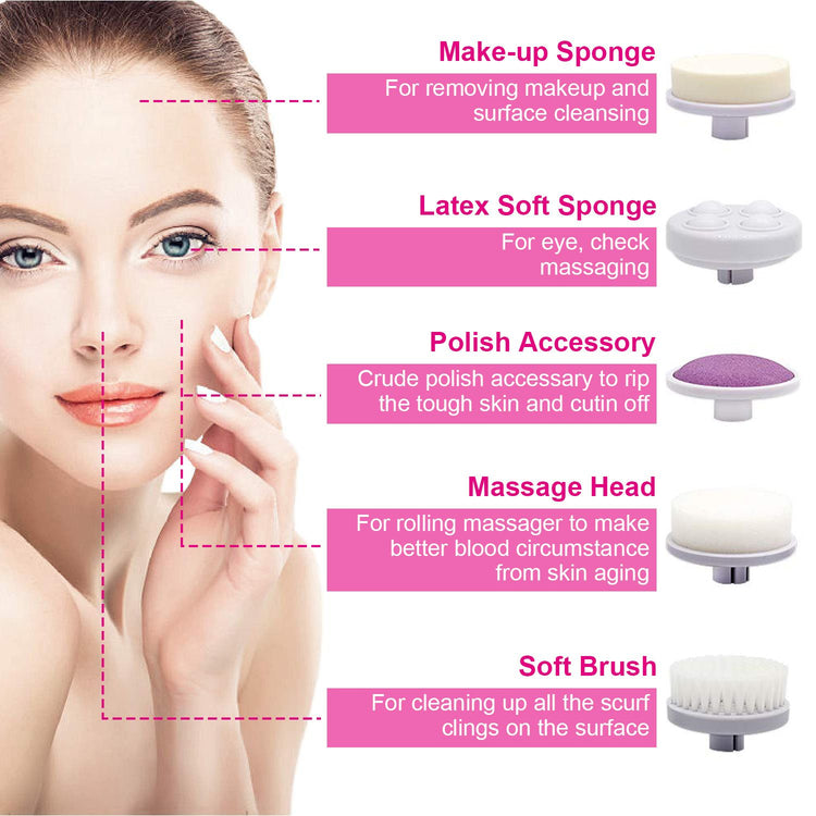 Waterproof Facial Cleansing Brush five interchangeable heads laid out