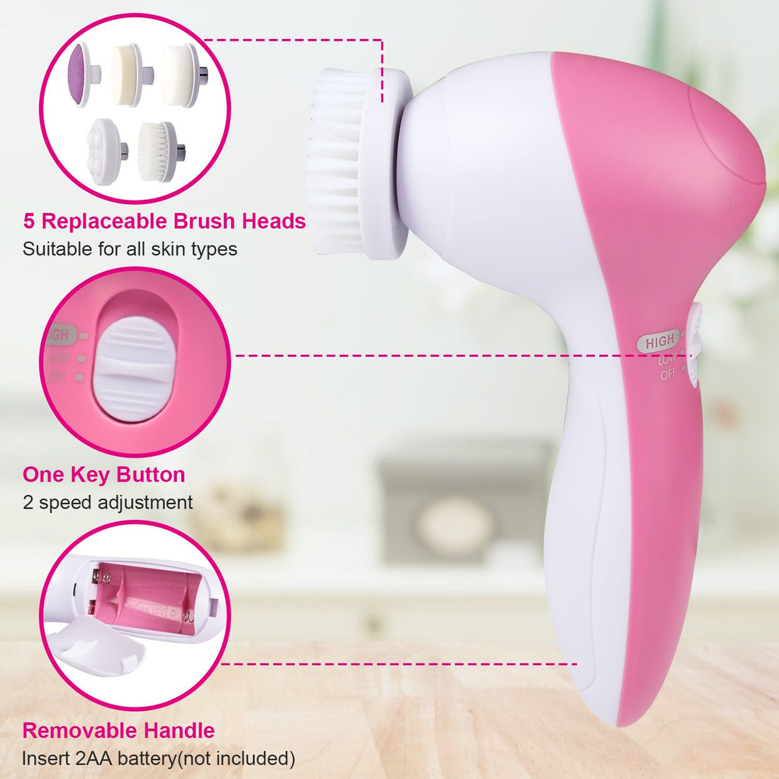 Waterproof Facial Cleansing Brush Pink finish close-up