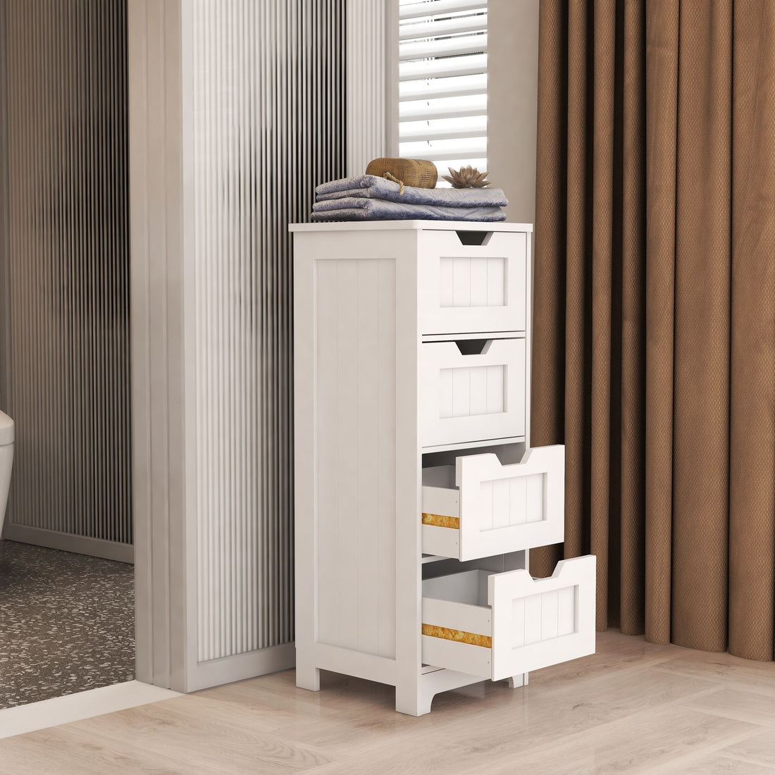 White Freestanding Storage Cabinet Drawers in-use view