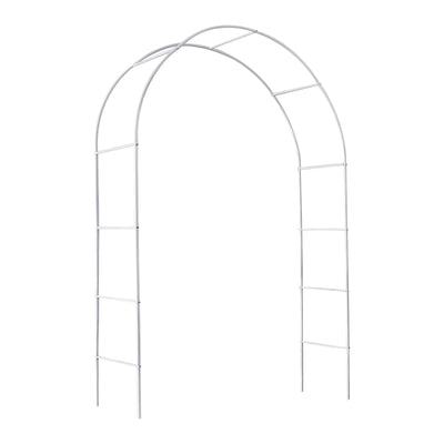 White metal garden arch trellis arbor with climbing plants over walkway - detail view