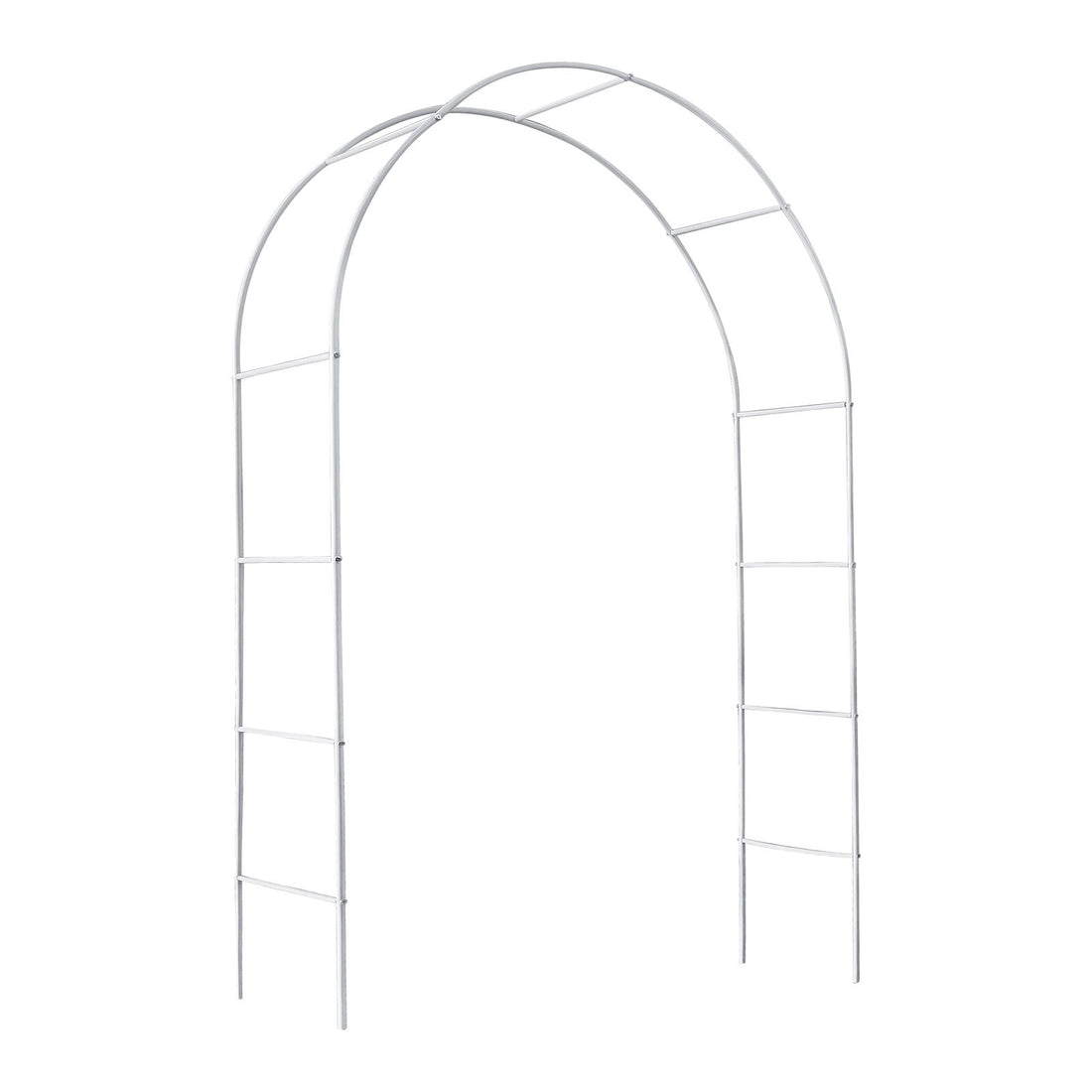 White metal garden arch trellis arbor with climbing plants over walkway - detail view